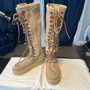 Free People Ava Tall Tan Lace-Up Suede Boots with Sturdy Soles